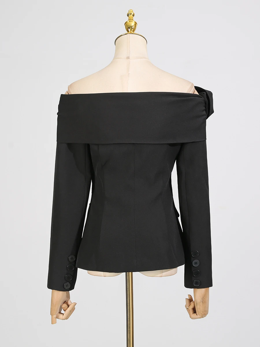 VGH Designer Solid Spliced Folds Slimming Jackets For Women Slash Neck Long Sleeve Spring Elegant Jacket Female Fashion Style