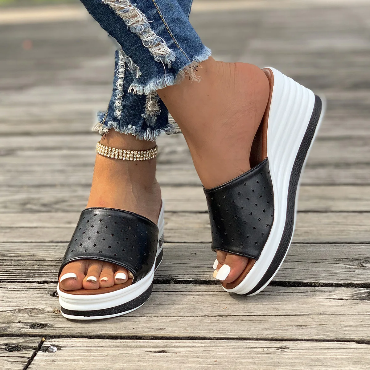 Summer Shoes for Women 2024 Fashion Peep Toe Wedges Slippers Outdoor Comfort Casual Ladies Slides Shoes Female Sandals 36-43