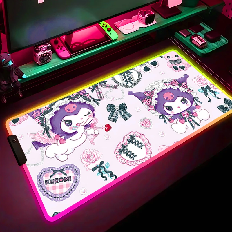 

Коврик для мыши со светодиодной подсветкой RGB, аксессуары для компьютерных геймеров, резиновый коврик для мыши K-kuromi, удлиненный коврик HD, нескользящий настольный коврик, коврик для клавиатуры ноутбука
