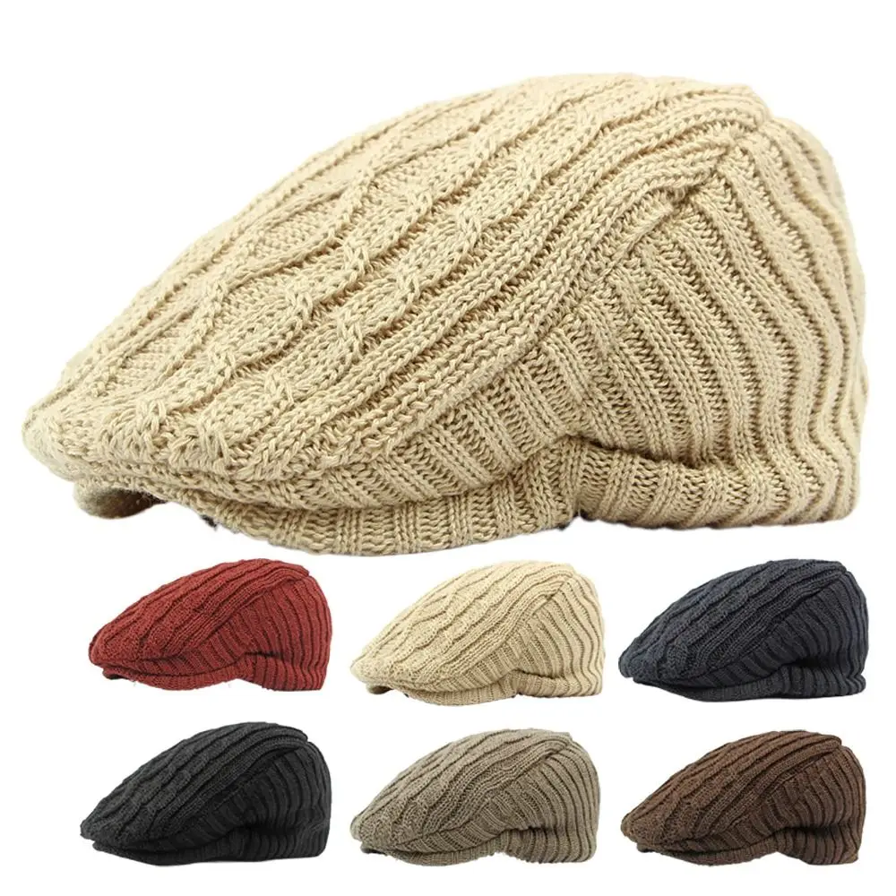 Fashion Wool Newsboy Beret Solid Color Breathable Warm Knit Hat Fleece Lined Casual Beanie Cap Winter