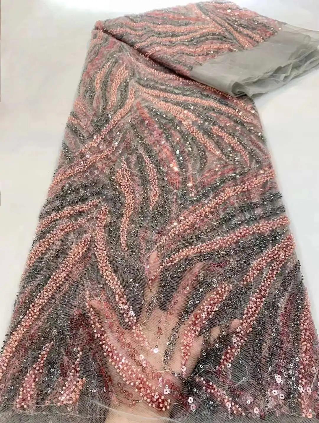 

High Quality French Mesh Lace Fabric Tulle Sequins Beads Tube Embroidery Craft Trim Sewing DIY Evening Wedding Dress 5 Yards