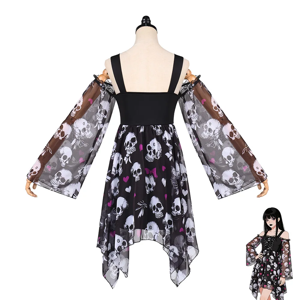 Gothic Skeleton Print  Dress Shoulder Bared Unusual Hem Cosplay Costume Short Skirt Halloween Theme Women's Fashion