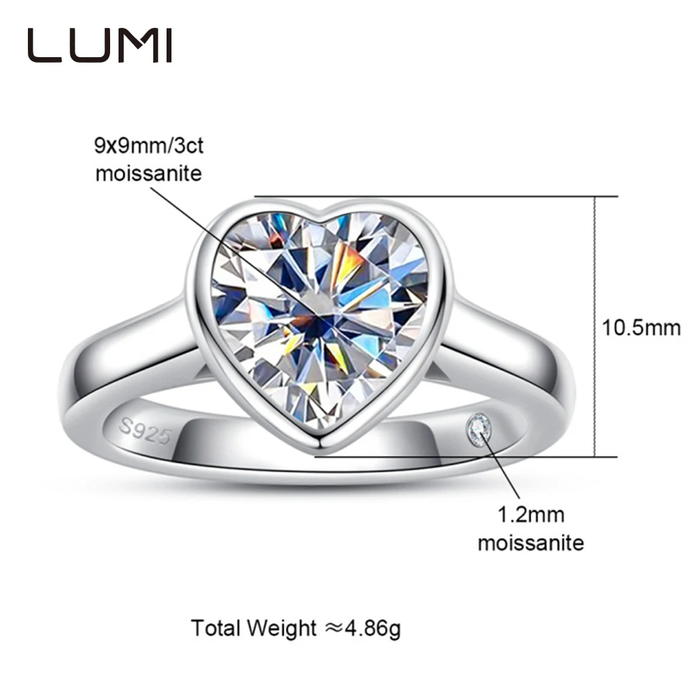 

LUMI 3ct VVS1 Сердце огранки Муассанит S925 Серебряное кольцо для вечеринки, юбилея, подарка на день рождения, обручальные украшения в стиле INS