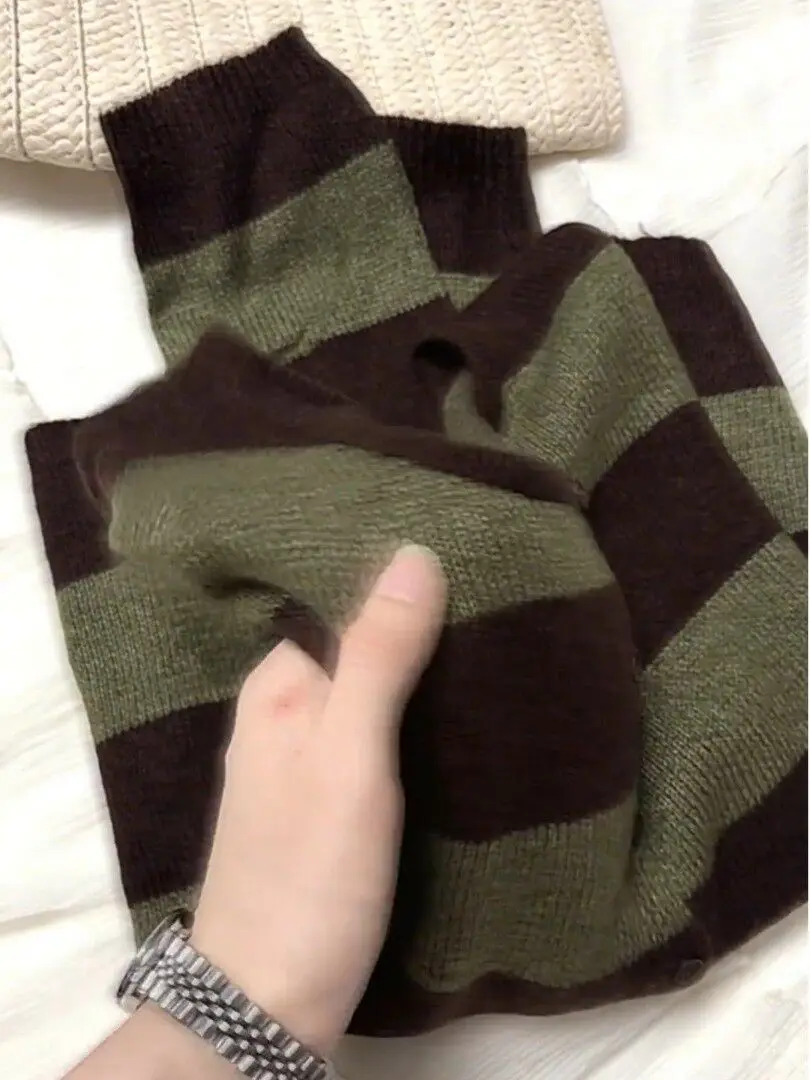 Large Size Retro Style Women's Knitted Cardigan Casual Striped Color Block Design Fashionable Loose Fit Long Sleeve Top