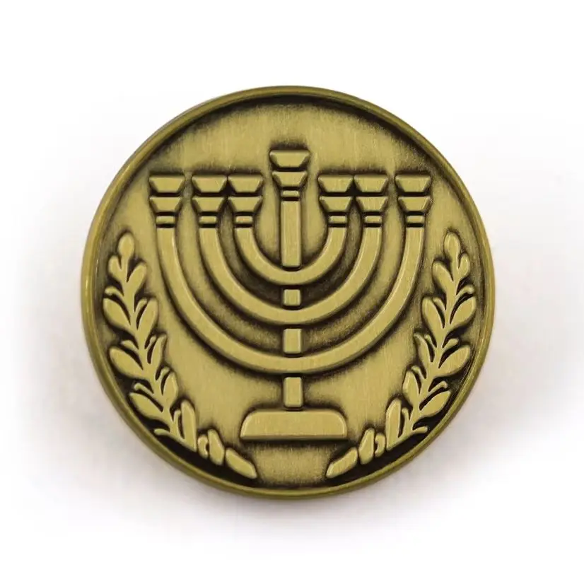 Vintage Jewish Menorah Brooch Antique Gold Hanukkah Seven Branch Candelabra Pin Israel Olive Branch Badge Religious Jewelry Gift
