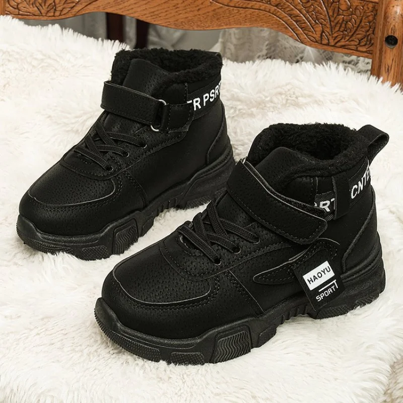 Boys and girls winter boots, thick warm leather boots, anti-slip children's shoes, velcro strap boots, solid color kids shoes