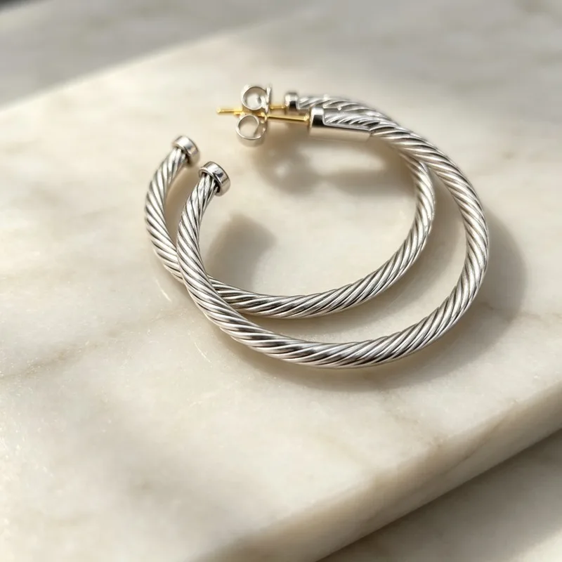 Silver Tone Large Twisted Wire Hoop Earrings with Gold Post for Women Alloy Classic Jewelry Gift