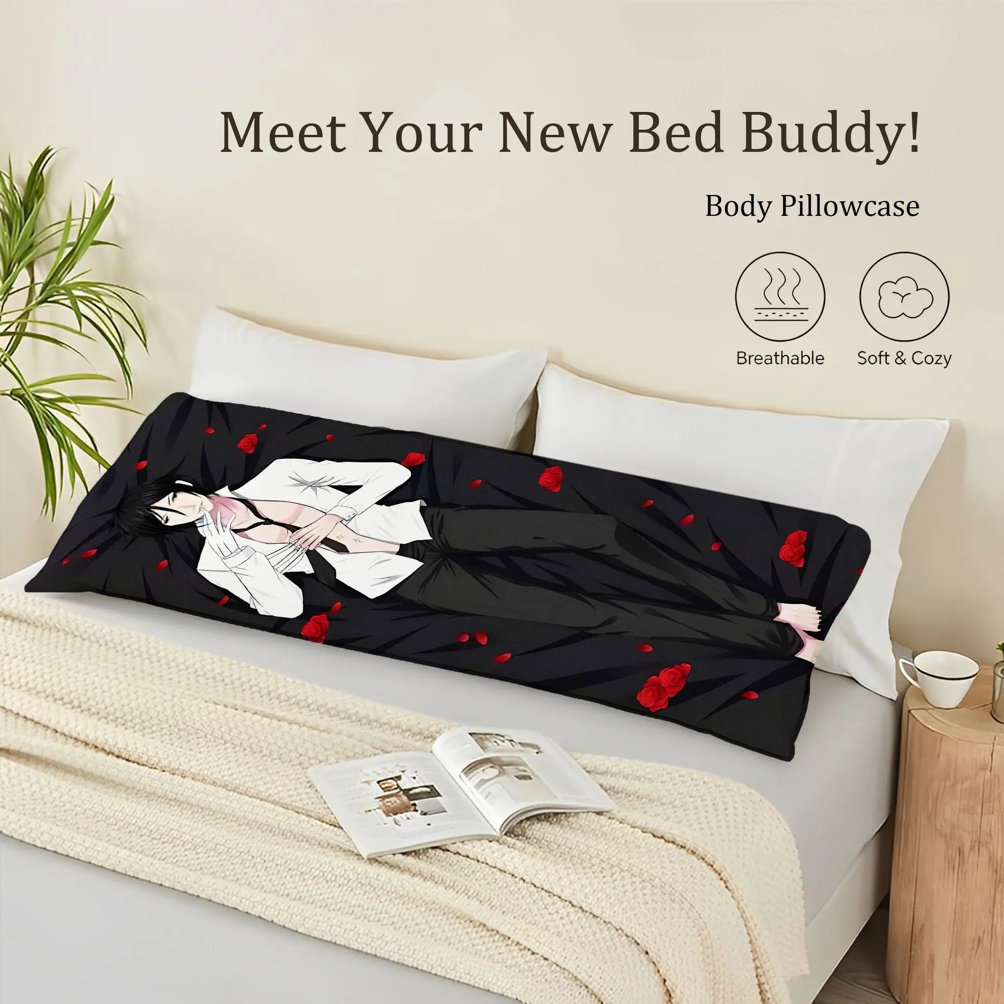 Anime-Style Male Proportional Body Pillowcase | White Shirt, Black Pants, Barefoot, Black Hair, Red Roses on Dark Background, El