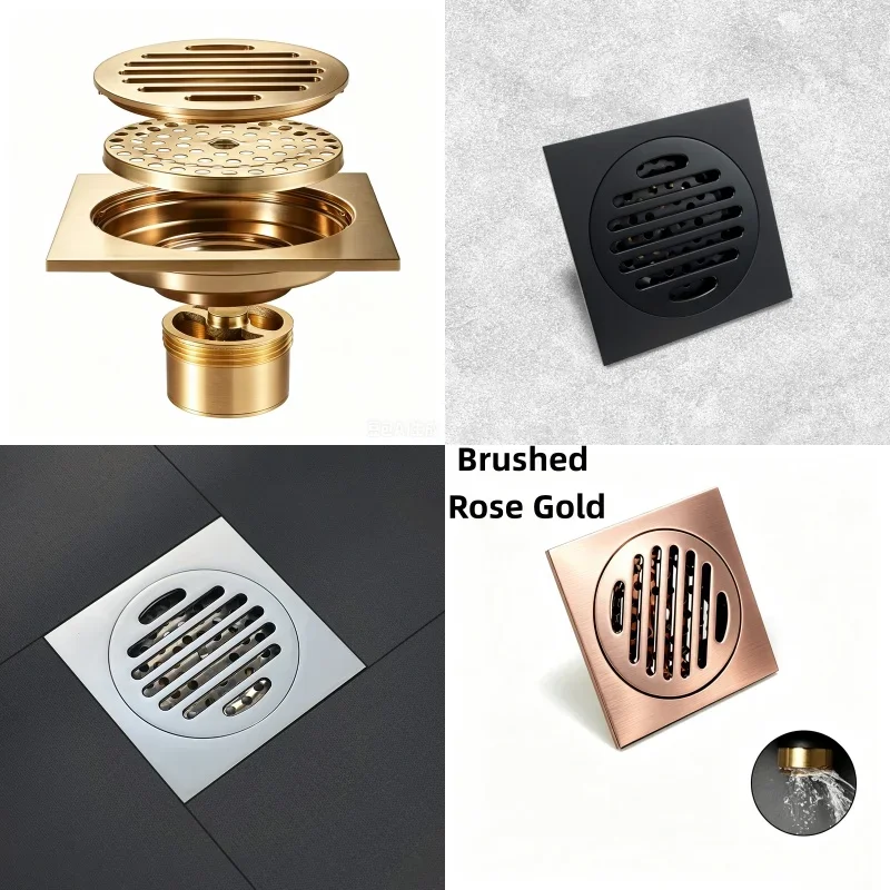 Deluxe Brushed Rose Gold Square 10CM Tile Embedded Hidden Brass Floor Drain Garbage Grille Bathroom Shower Drain