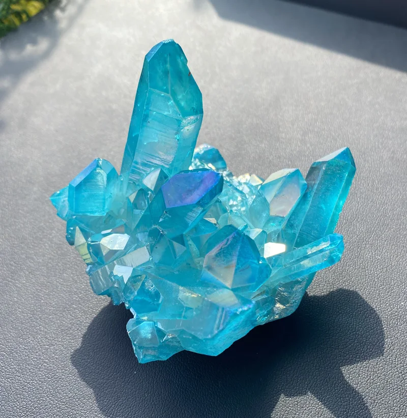 Natural Sky Blue Angel Aura Quartz Electroplating Titanium Crystal Cluster Stone Specimens Cured Coating Healing Crystals