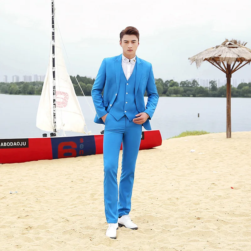 Hot-selling Studio Three-piece Fashion Solid Color Men's Suit Suit Korean Slim Version of The Stage Host Photo Men's Dress.