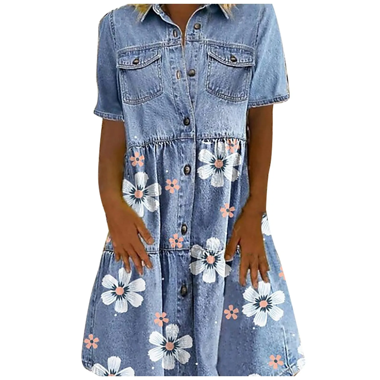 تنورة جينز مع زهور للنساء ، فساتين بطول الركبة ، شبكة غير رسمية ، أزرار متعددة ، فضفاضة كلاسيكية ، عالية الجودة ، الموضة ، الصيف