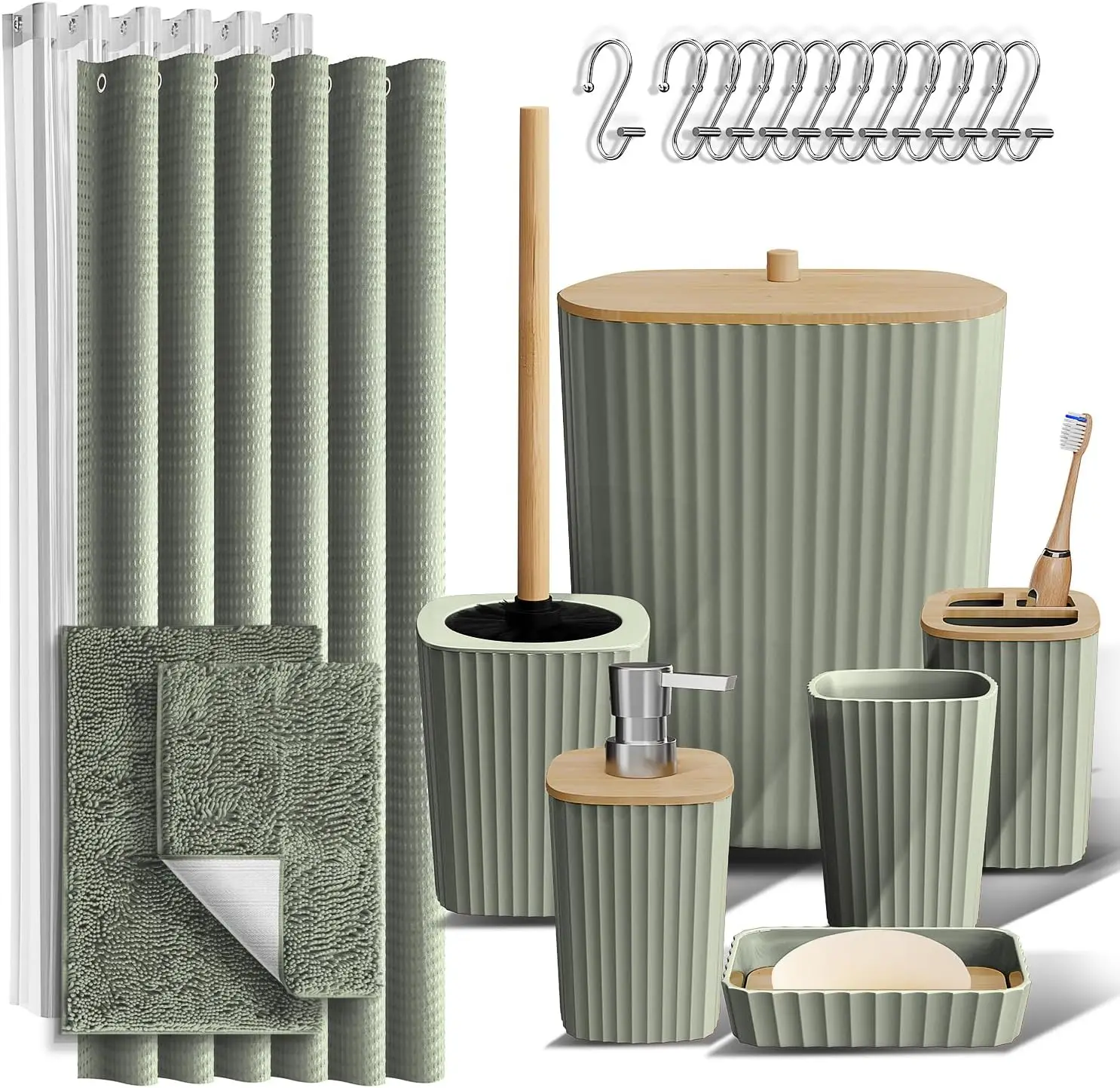 

Light Sage Green Bathroom Accessories Set - 22PC with Shower Curtain, Rugs & Trash Can for Modern Home Decor