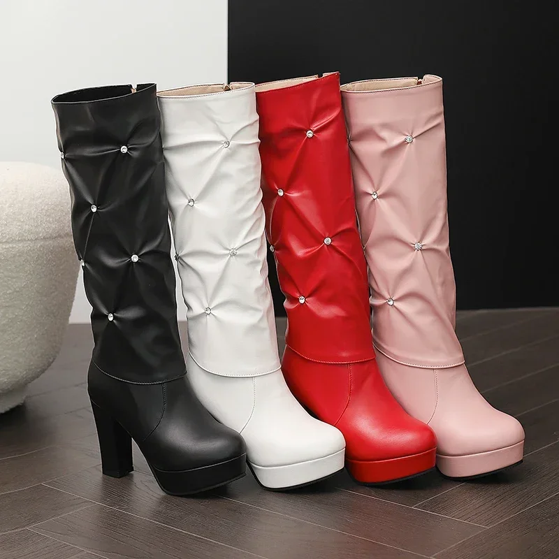 Fashion Women Foldover Knee High Boots Red Pink Pleated Club Party Lady Chunky Heel Crystal Zipper Round Toe Platform Long Boots