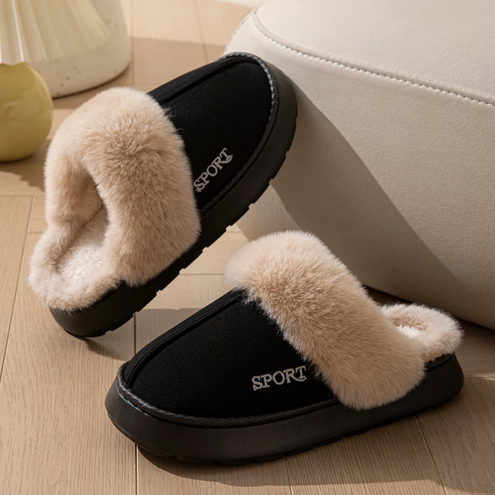Fashion Men Winter Slippers Faux Fur Collar Warm Indoor Thick Non-Slip Outdoor Snow Boots Sole Bedroom Home Couple Shoes