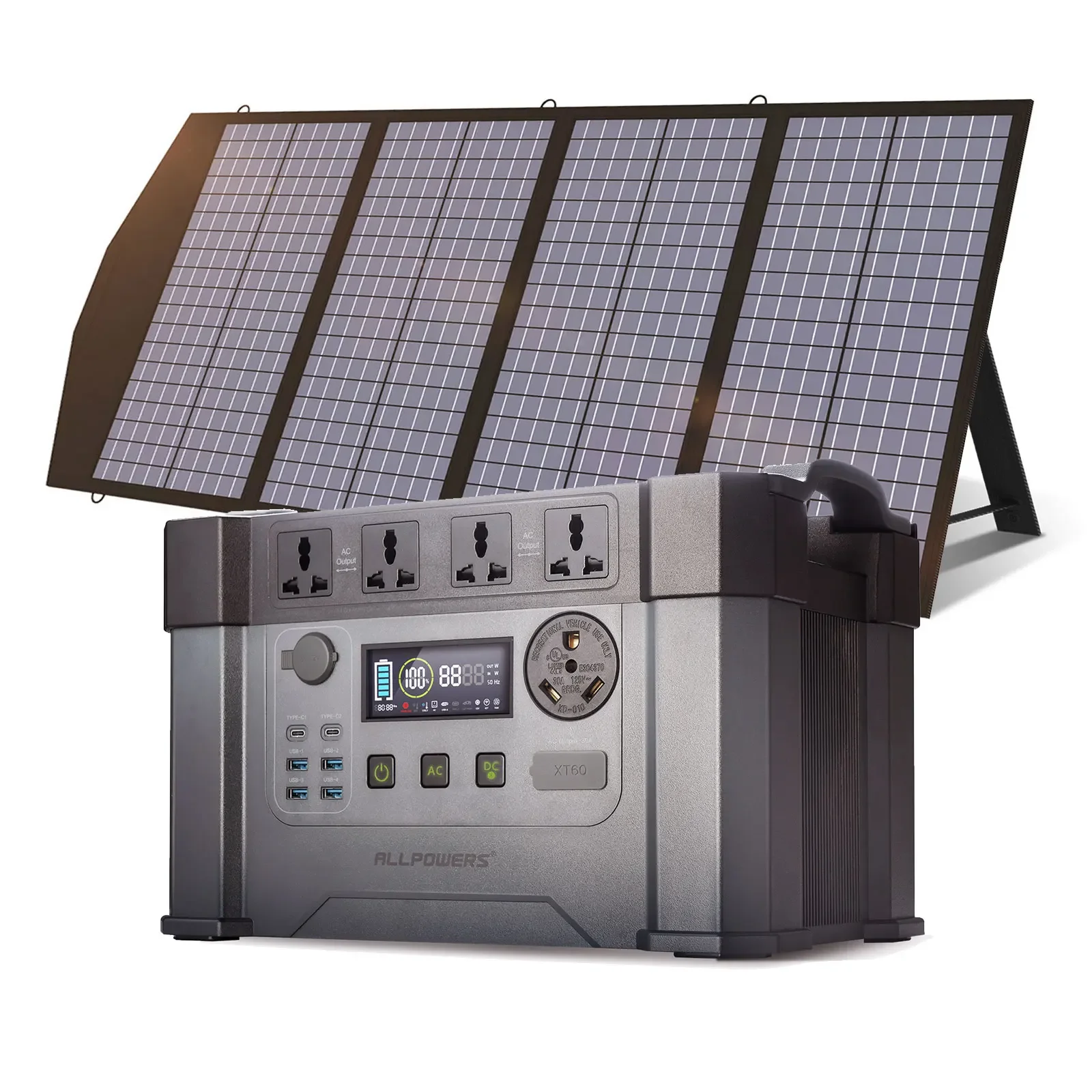 Powerstation 2400W Mobile Energy Storage Power Supply With 18V Solarpanel, 4x2400W AC Outlet,30A RV Plug,UPS Function