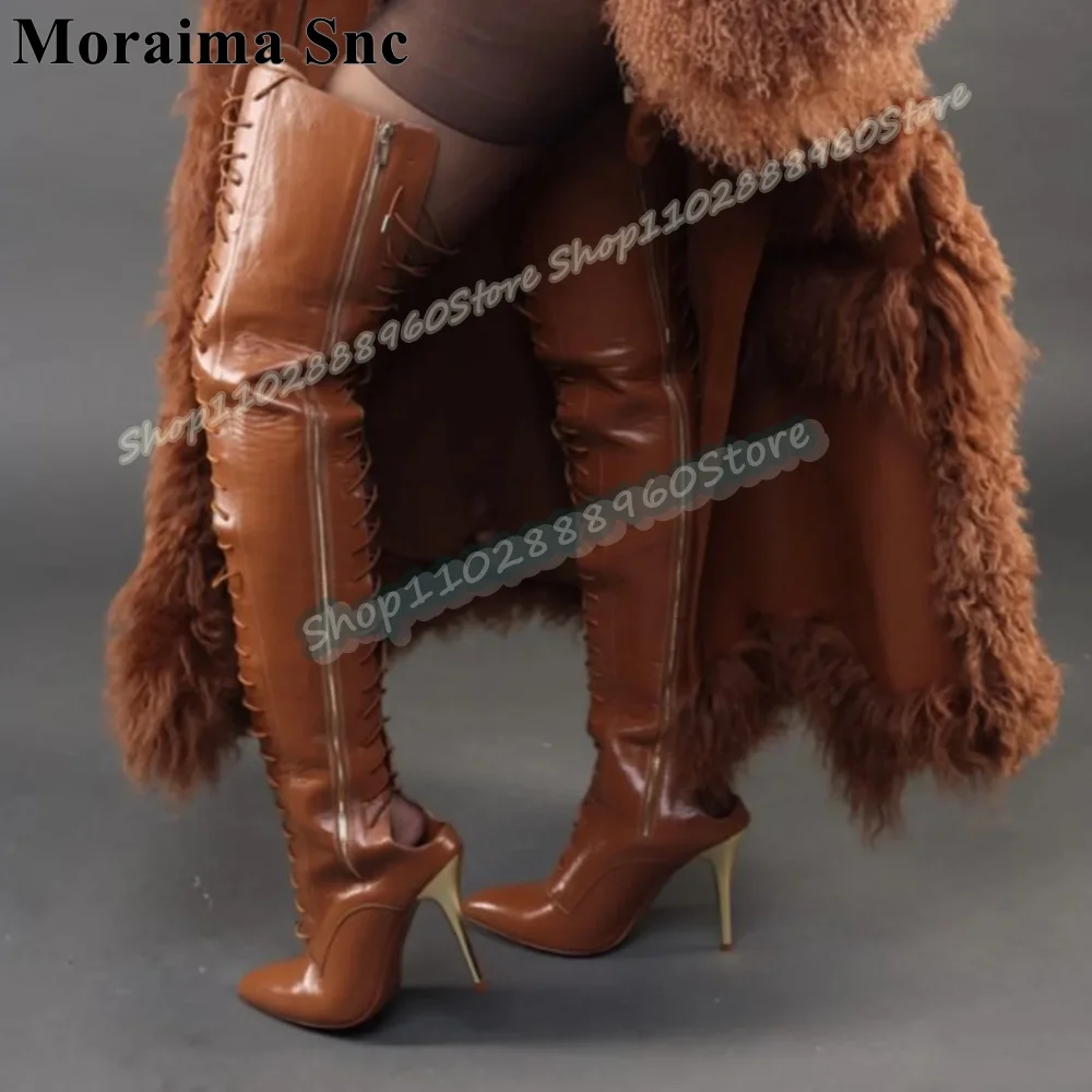 

Thigh High Brown Cross Tied Leather Gold Heel Boots Stilettos High Heel Women Shoes Side Zipper Pointed Toe Casual Fashion Boots