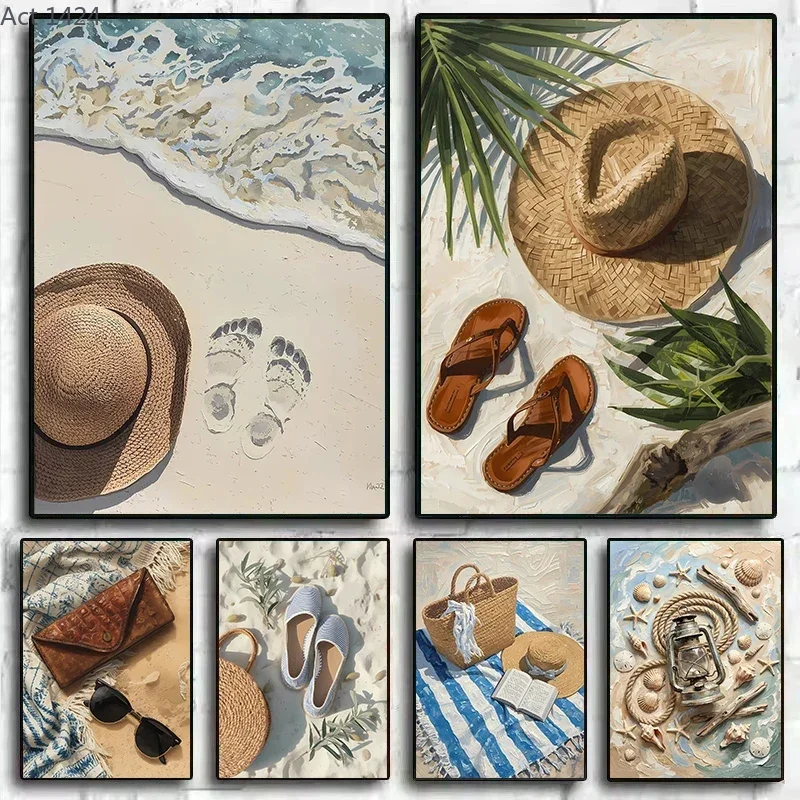 1pc Frameless Retro Summer Beach Still Life Seaside Seashells Rope Nautical Poster Canvas Wall Art Pictures Home Interior