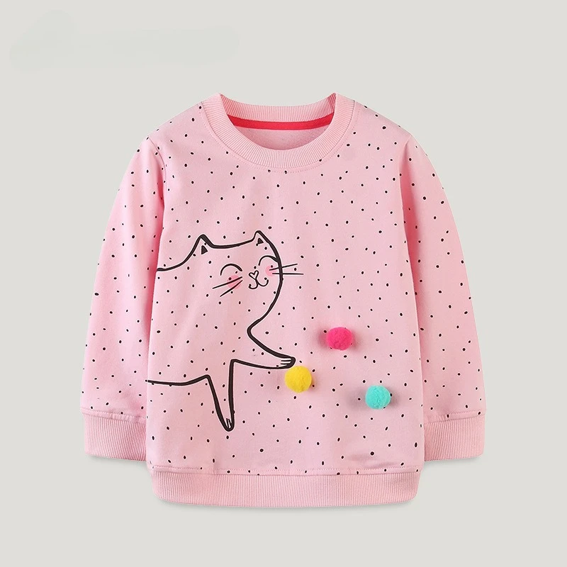 2-7T Girls Sweatshirts 100% Cotton Pullover Tops Dot Cat Pom Pom Decor Long Sleeve Hoodies Crew Neck Kids Sweatshirt