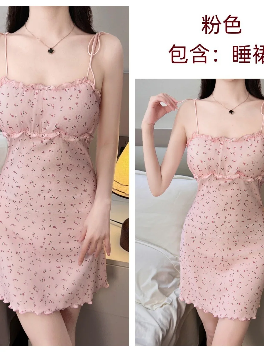 Zoete Tank Mini Jurk Sexy Strakke Zoete Bloemen Verzamelen Borst Kussen vrouwen Nachtjapon Jurk Elegante Roze Koreaanse Tops 0NYI