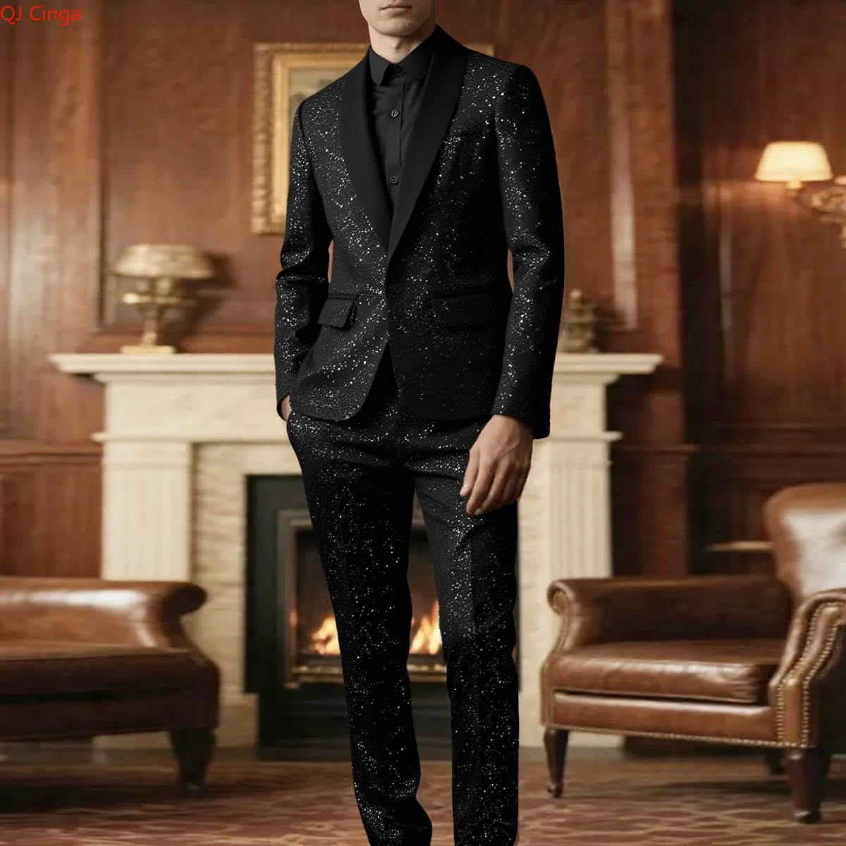 

Новинка Весна 2026: Мужской черный костюм-двойка с белым принтом в крапинку — декоративный пиджак и брюки в тон.