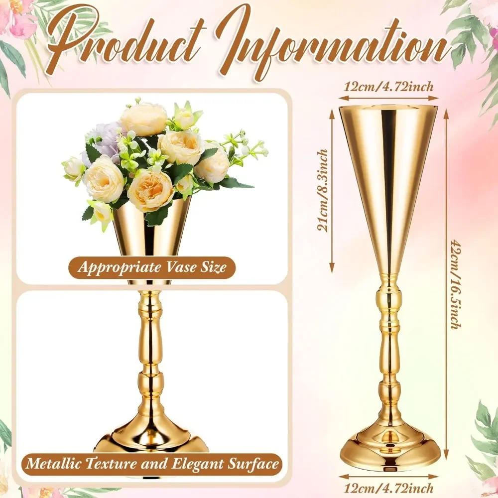 20 Pcs 16.5 Inches Tall Gold Vase Centerpiece Wedding Metal Flower Stand Trumpet Vase Tabletop Suitable for living room,bedroom