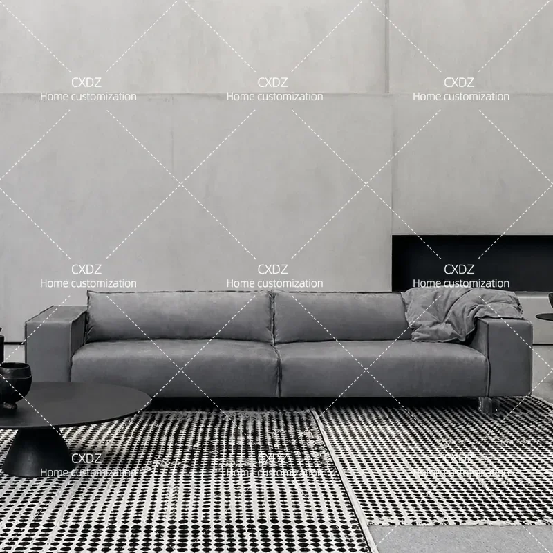 Minimalist Leather Sofa First Layer Cowhide Tofu Block Style Straight Row Double Triple Seater Living Room Furniture