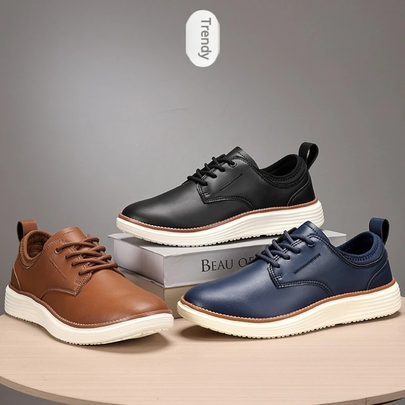 

New Leather Color-block Soft-soled Low-top Fashionable Retro Style Large-sized Outdoor Casual Sports Men's Formal Walking Shoes