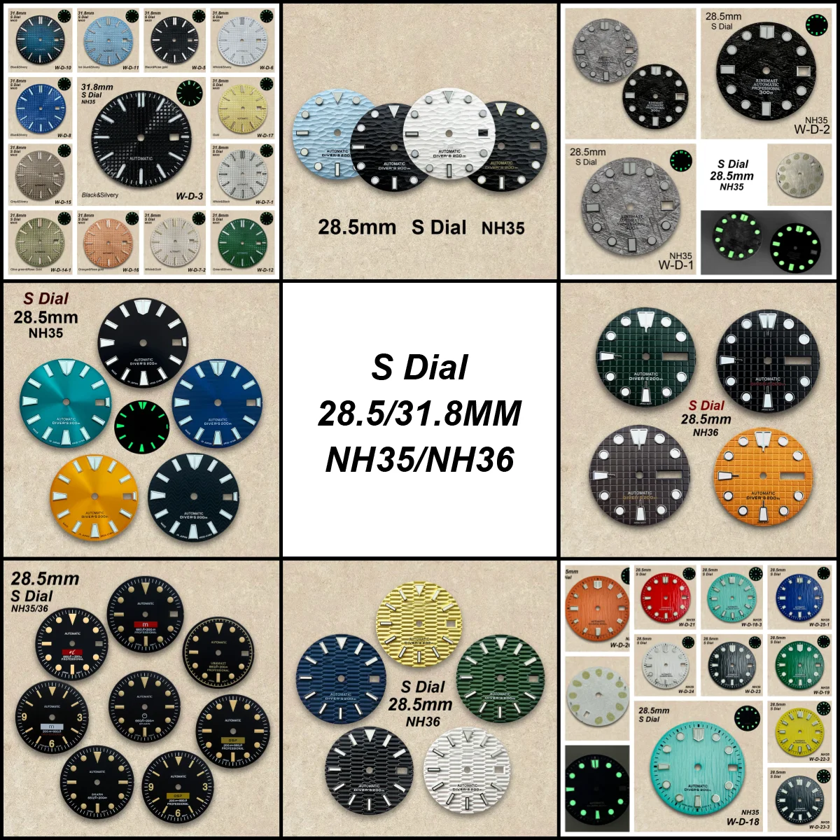 

28.5/31.8 mm S Logo Retro/Meteorite/Wave Dial Fit NH35/NH36/4R36 Movement Green Luminous Oak Watch Modification Accessories