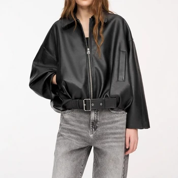 Fashion Leather Jacket Women's Vintage Faux Leather Bomber Jacket Solid Zipper Lapel Long Sleeves Autumn High Street Coat 6