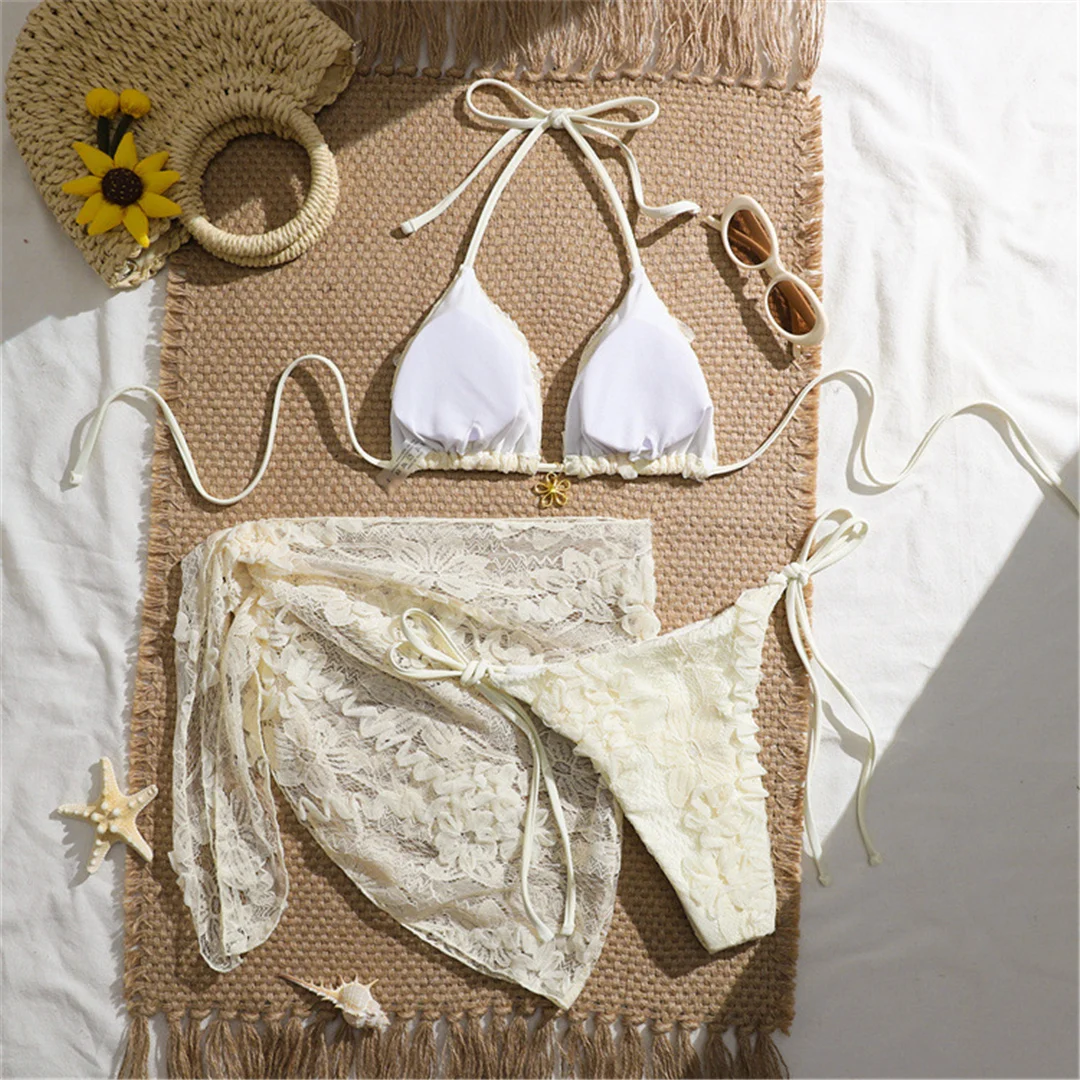 3-teiliges Set mit Sarong, Blumenmuster, Spitze, Neckholder-Bikini, Damen-Badebekleidung, dreiteiliger Bikini, Badeanzug, Badebekleidung, Schwimmbekleidung V8277 – Detail 3