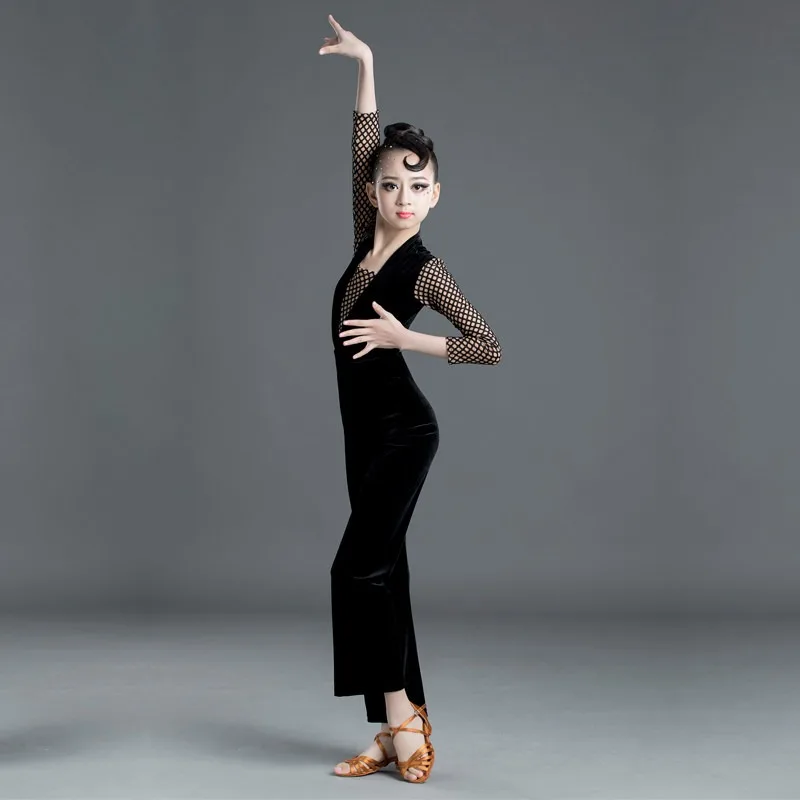 

Kids Latin Dance Competition Dress Girls Long Sleeve Standard Exam Performance Outfit Professional Ballroom Practice Costume