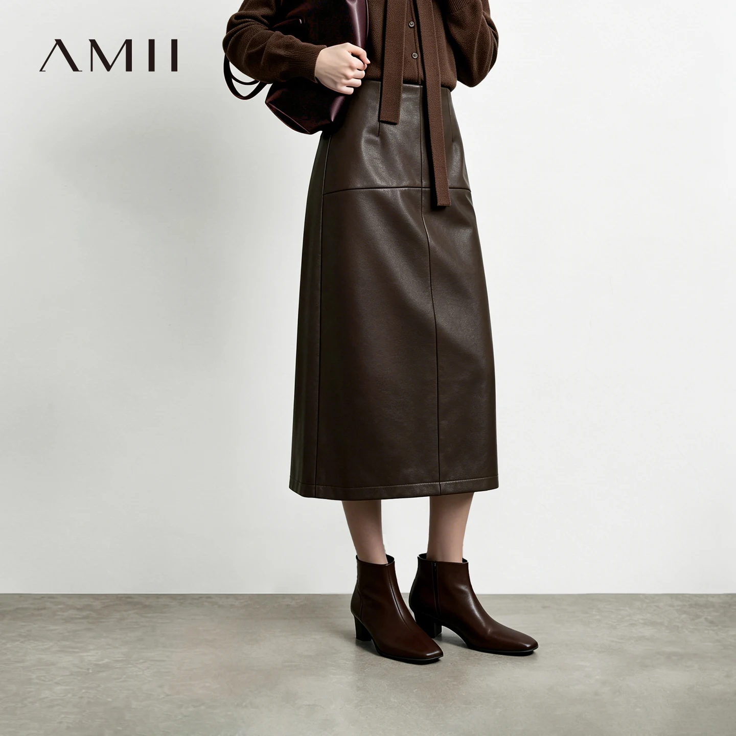 Amii Damen PU-Rock Herbst Satin Elastische Taille Gürtelband Elegant Vintage Gerade Midi-Röcke Büro Damenkleidung 12623056