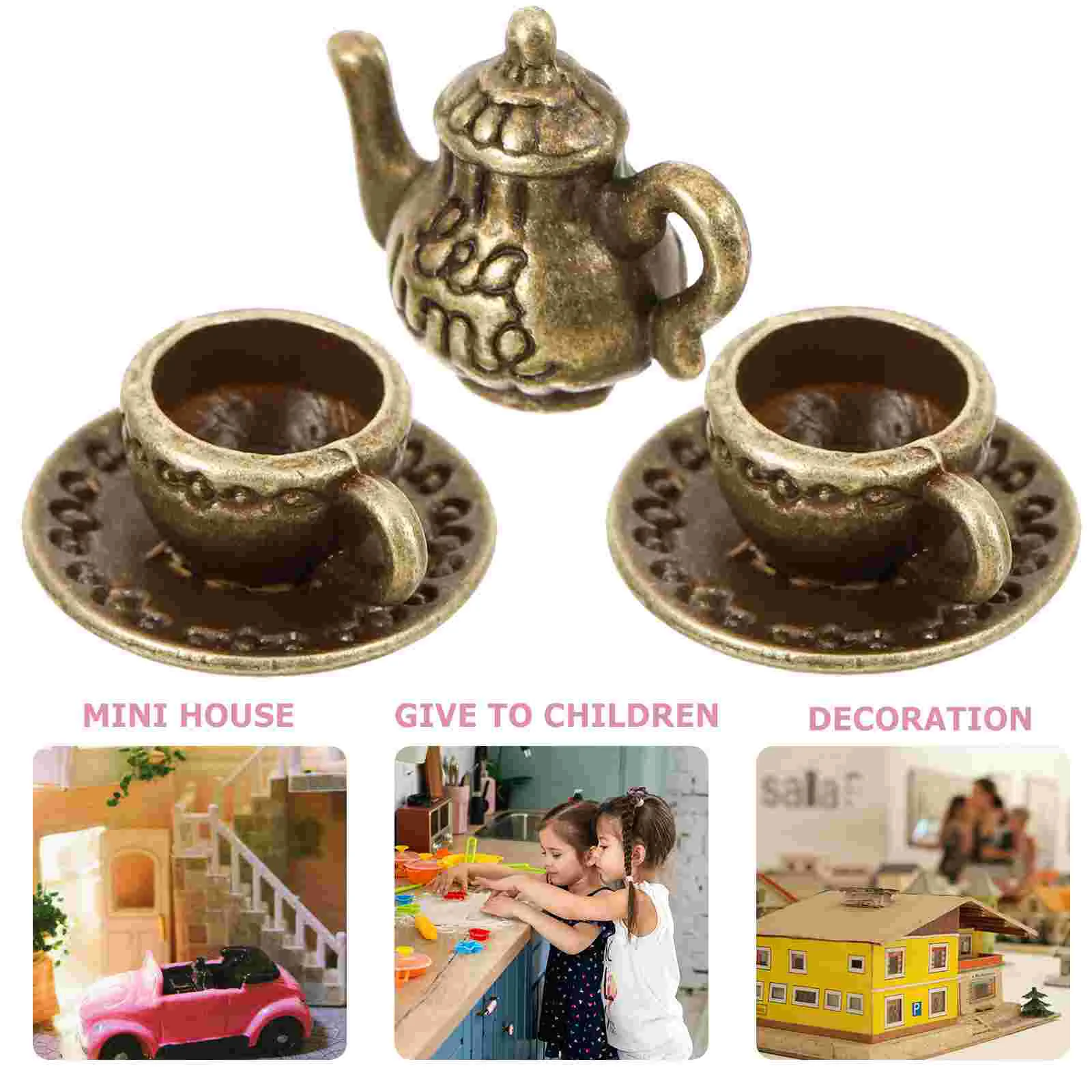 1 Set Miniature Tea Set Mini Metal Teapot Cups for Scene Decor Dolls House Accessories Realistic Smooth