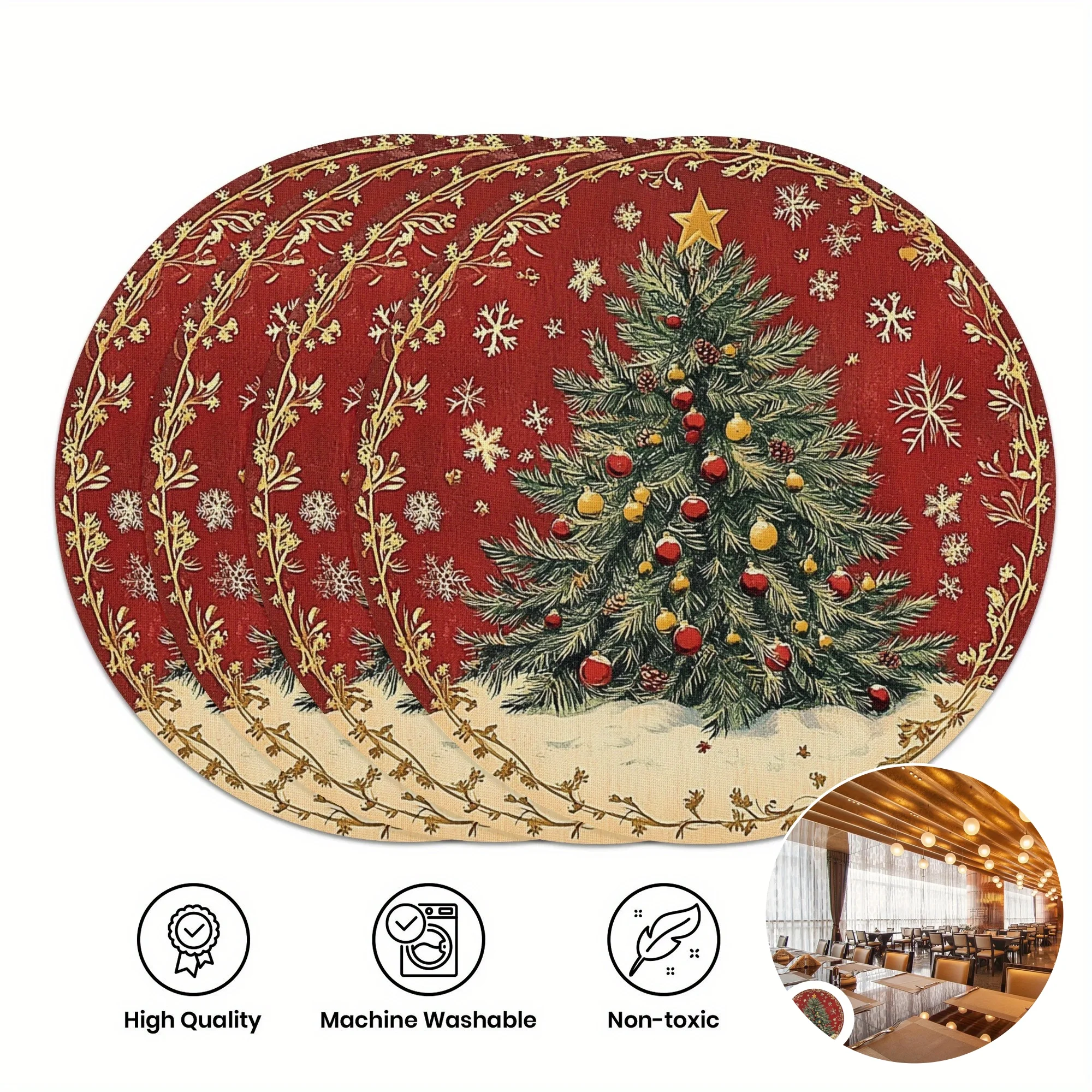 VIKAMA 4-Piece Christmas Tree Colorful Lights Placemats untuk Dekorasi Meja dan Aksesori Pesta Natal di Ruang Makan Rumah