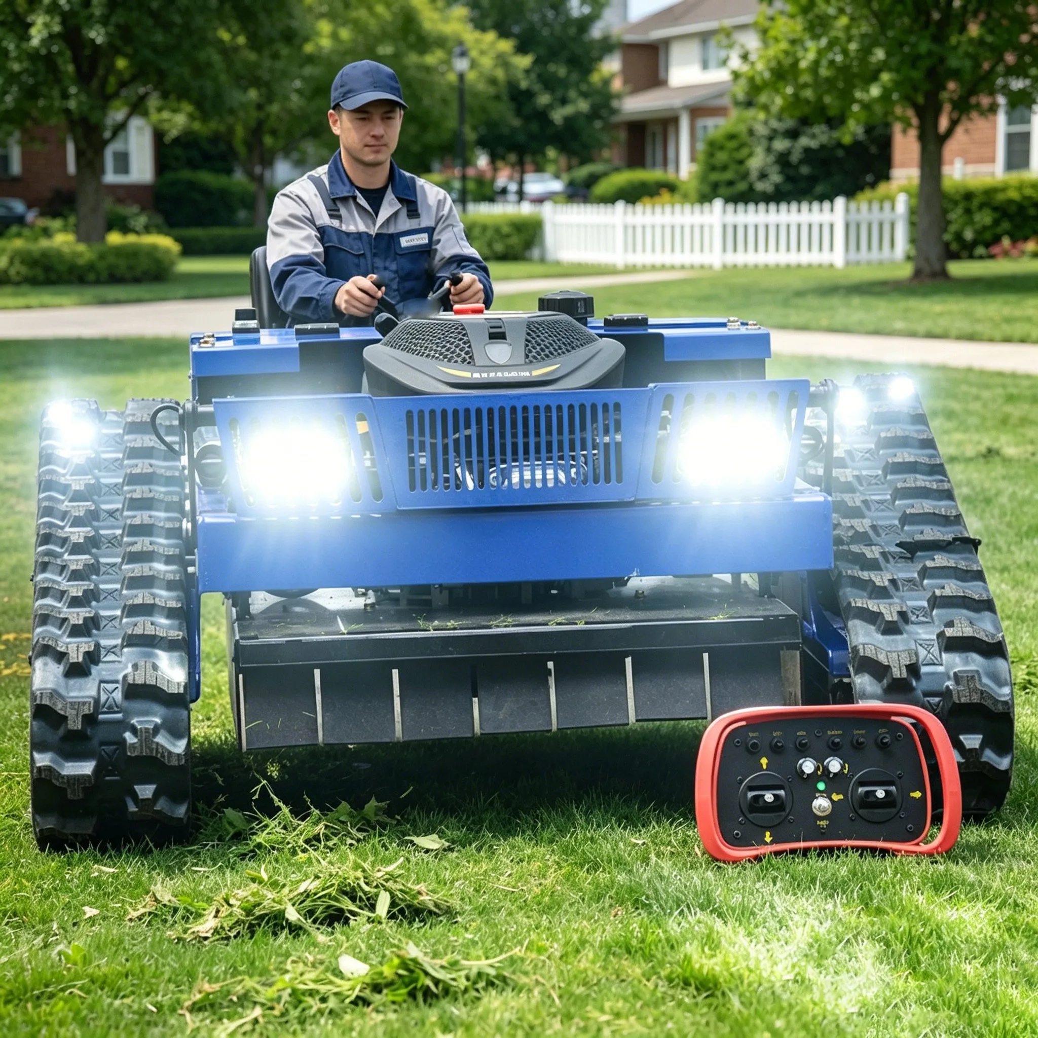 

Customized remote lawn mower for rough terrain that can work at night, with LED lights illuminating a wide range