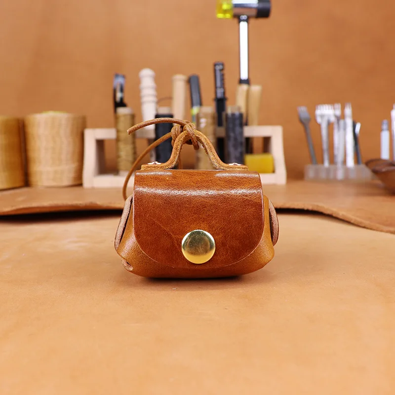Handmade Full-Grain Vegetable-anned Leather Earbud Case Vintage Rich Waxed Mini Wallet Anti-Scratch Protective Holder&Coin Purse