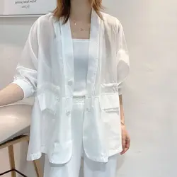 Chaqueta de talla grande con lazo en la cintura para mujer, chaqueta negra con cuello en V, cárdigan de verano con protector solar, chaqueta blanca, moda coreana, ropa de abrigo informal con bolsillo, nuevo