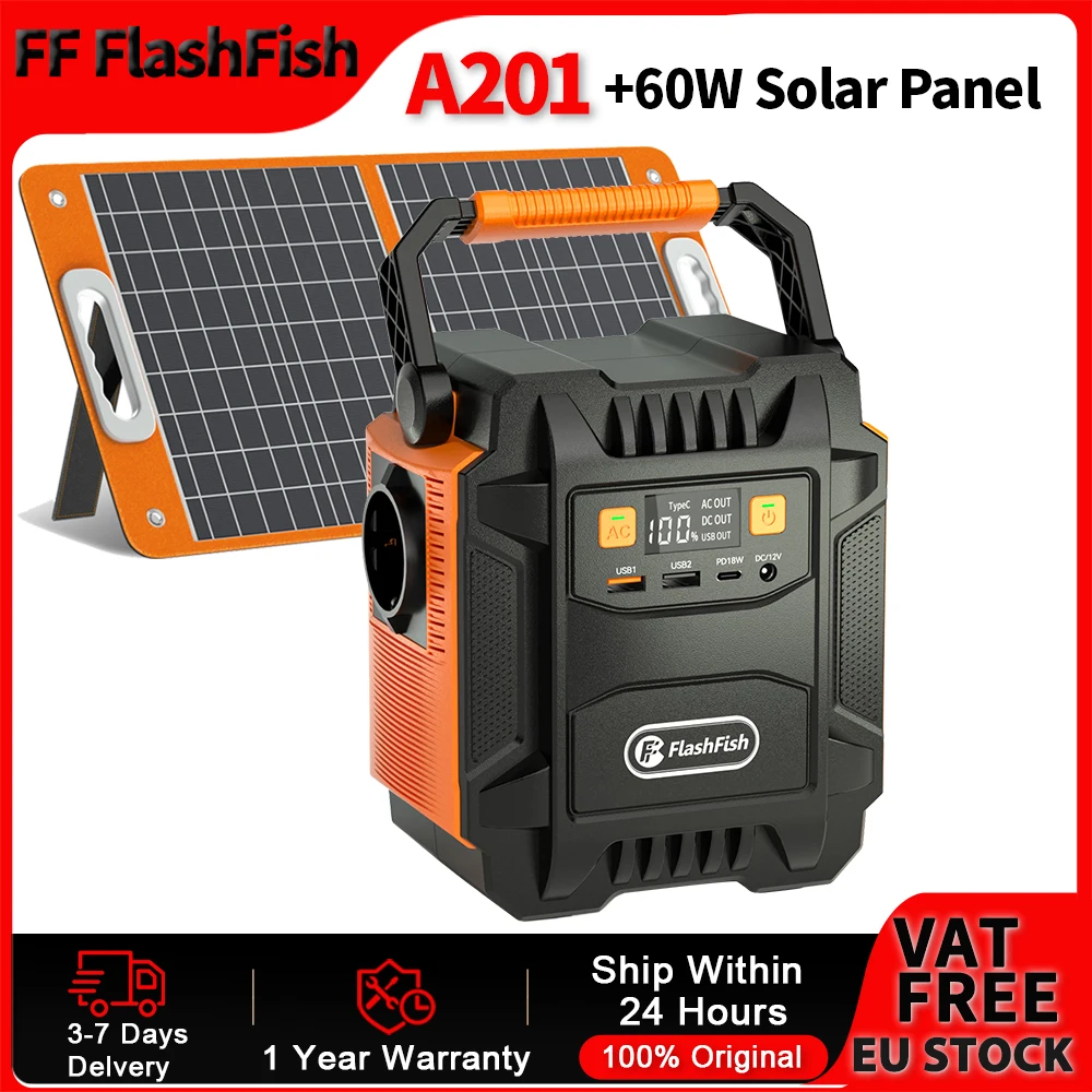 FF Flashfish Tragbares Kraftwerk, 200 W, Solargenerator, 172,8 Wh Akku, AC-Steckdosen mit 60 W Solarpanel für Outdoor-Camping, Wohnmobil