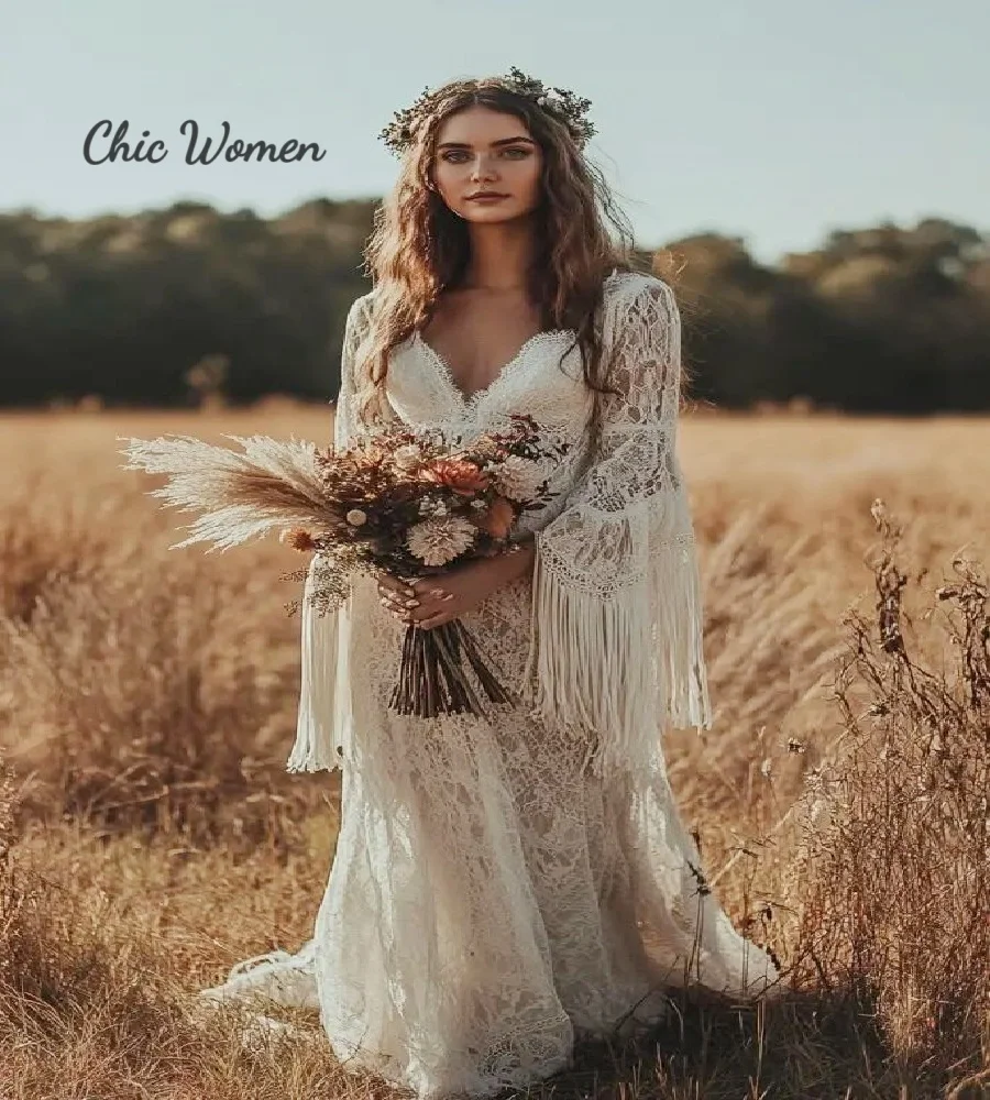 Ethereal Bohemian Lace Wedding Dress With Fringe Hippies Boho Outdoor Rustic Bridal Gowns 2026 Long Sleeve Civil Country Western