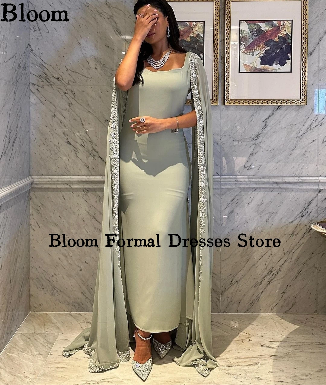 Bloom Square Neck Floral Lace Prom Dresses Cap Sleeves Arabia Fashion Formal Evening Dresses Wedding Party Gown vestidos de gala