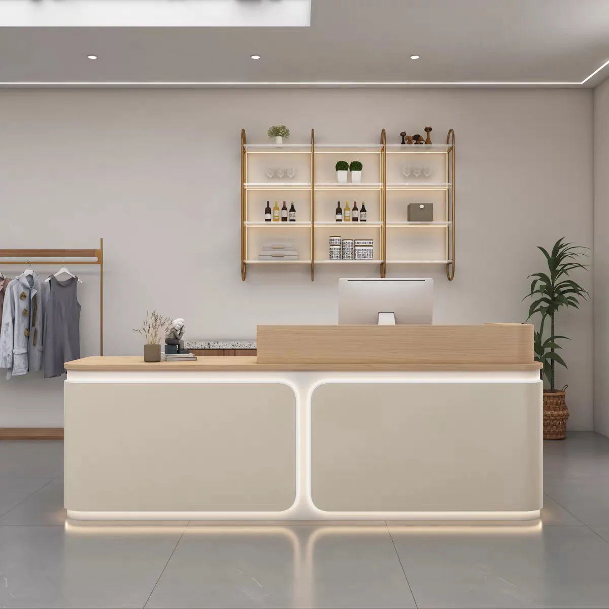 Clothing store checkout page store small simple women's clothing store beauty salon bar curved bar reception counter