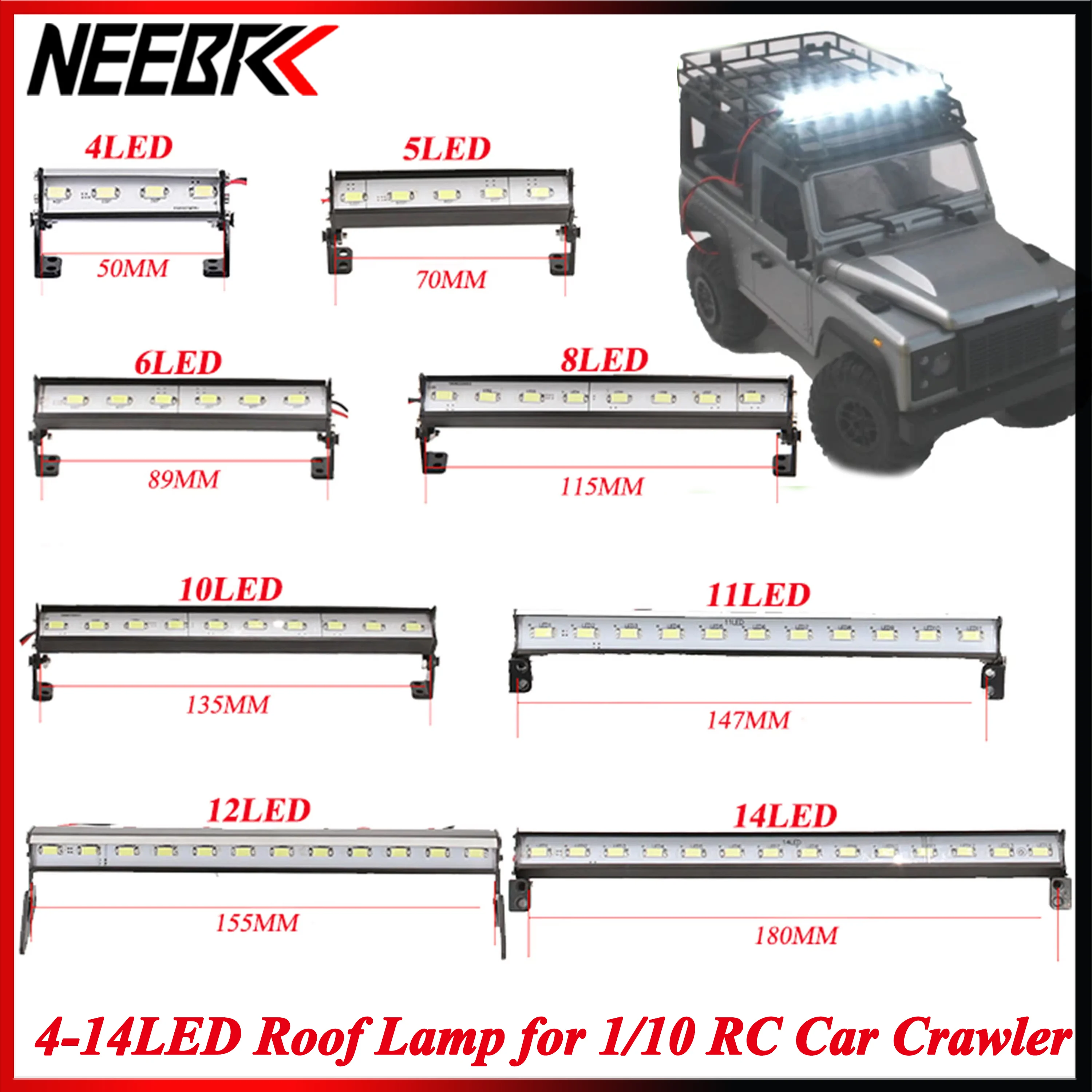 

NEEBRC Roof Lamp 4/5/6/8/10/11/12/14LED Bright Light Bar for 1/10 RC Car Crawler D90 Axial SCX10 SCX24 Jeep Wrangler MN WPL HSP