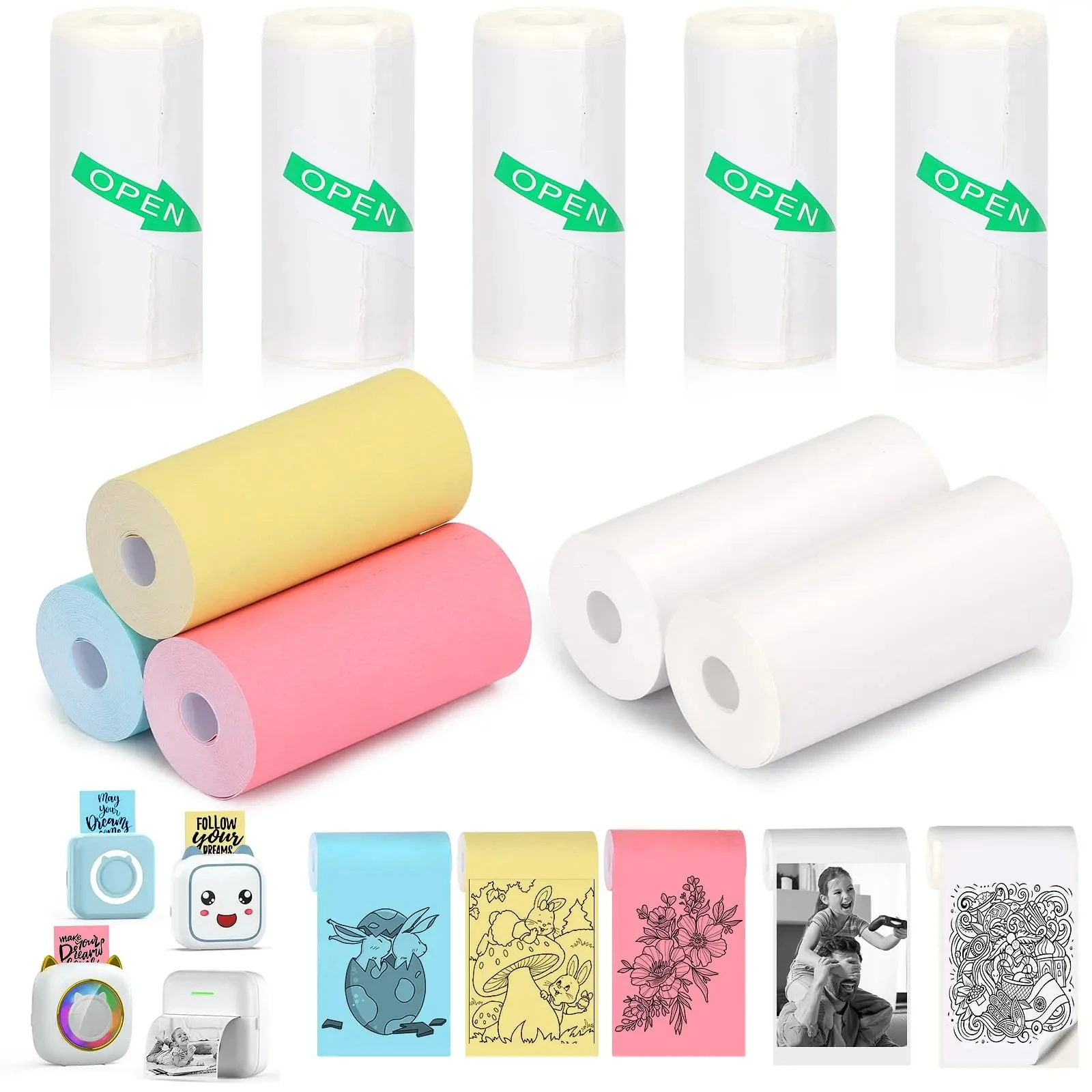 10 Rolls Thermal Printer Mix Paper Rolls 2.2in x 19ft for Mini Pocket Printer White Colors Sticky Receipt Paper Rolls POS Papers