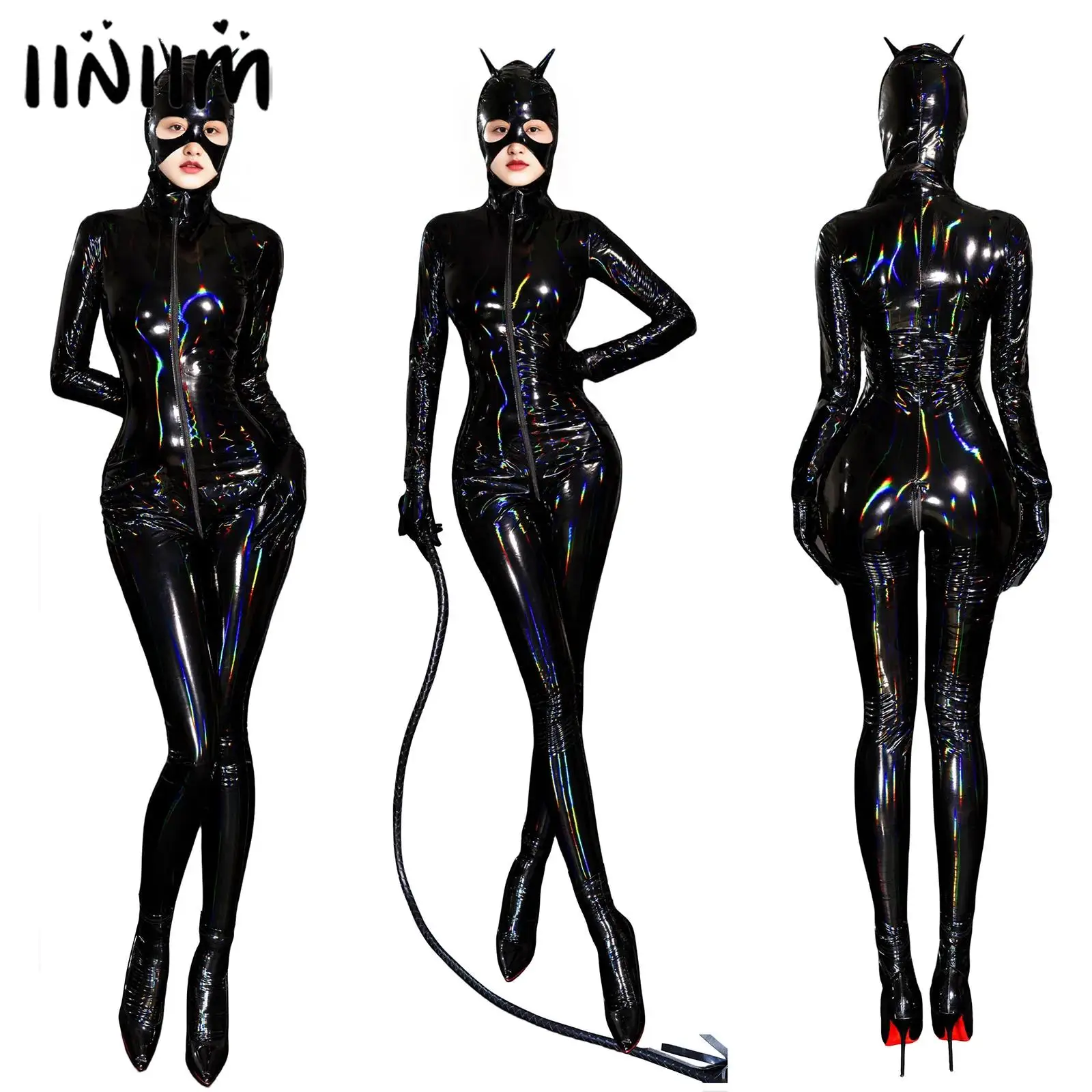 

Женское нижнее белье, глянцевое боди, комбинезон, клубная одежда, комбинезон на молнии спереди с длинными рукавами, одна маска, перчатки и носки, костюм