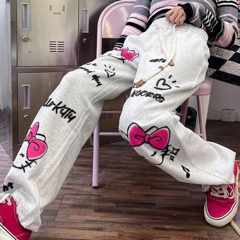 Y2k New Hello Kitty Grey Streetwear Sweatpants for Women\'s Spring and Autumn Graffiti Sports Straight Tube Loose Wide Leg Pants