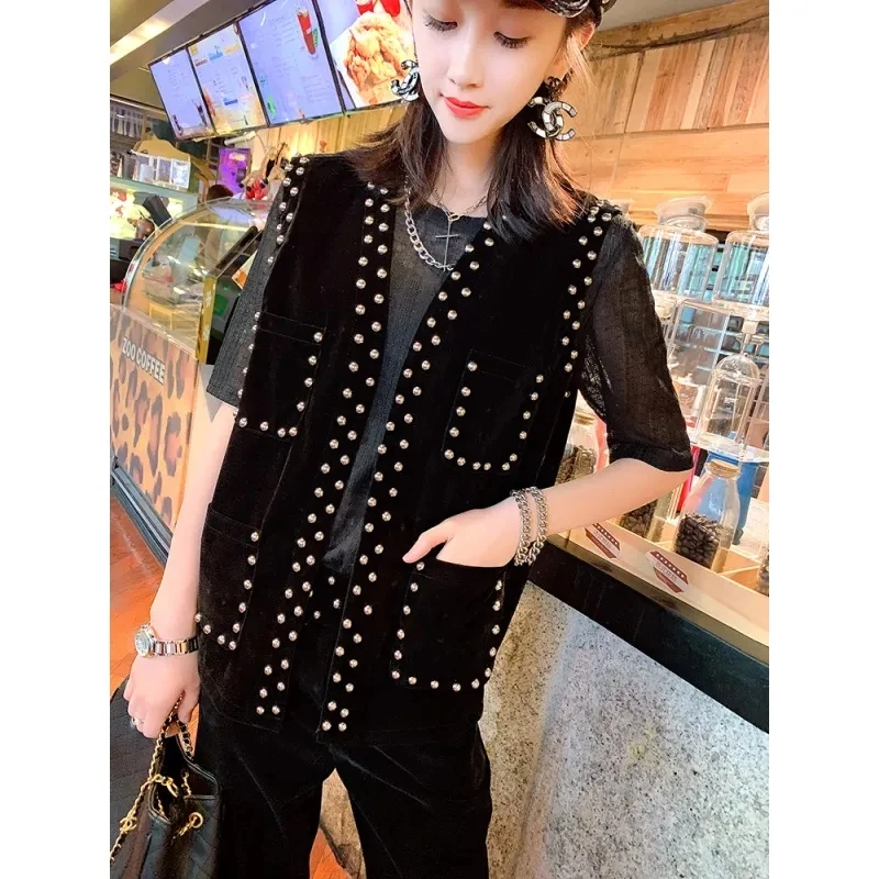 Gold Velvet Vest Women Jacket Casual Rivet Decorative Sleeveless Waistcoat 2022 Spring Autumn Pocket Black Cardigan Gilet Femme