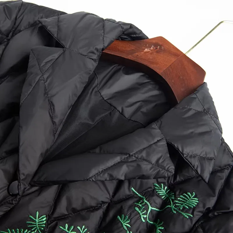 Damskie kurtki puchowe z kołnierzem, czarne, haftowane, ultracienkie, ciepłe, lekkie, z puchu kaczego, eleganckie, codzienne.