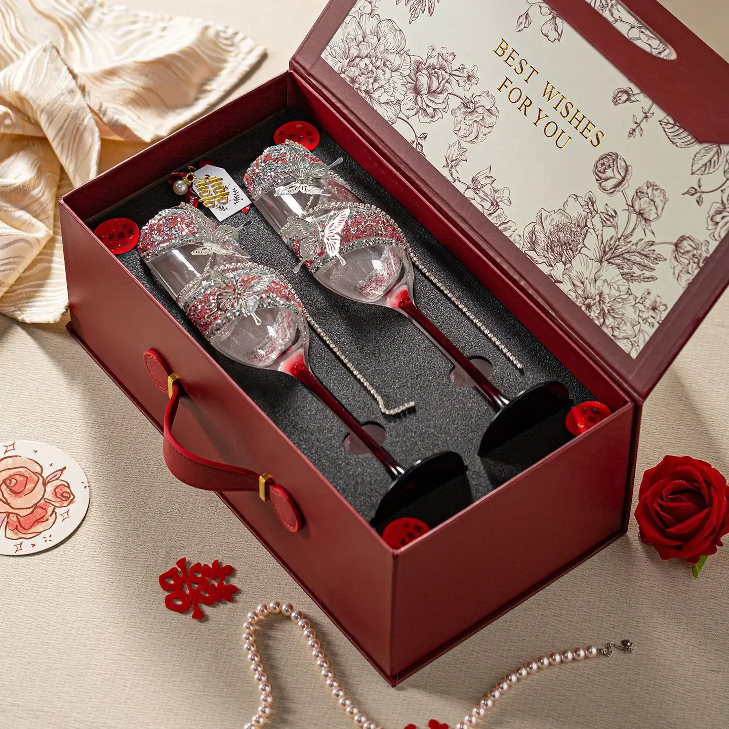 Luxury Butterfly Textured Wine Glass Set with Gift Box Champagne Wine Mug Wedding Anniversary Party Wine Set Valentine Day Gifts