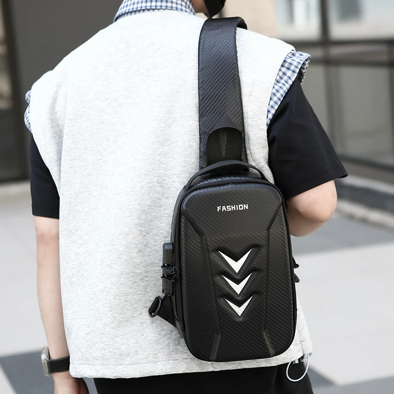 Men Sling Bag Anti Theft Password Lock Water Resistant Carbon Fiber Hard Shell Crossbody Chest Bag for Daily Travel Casual Use